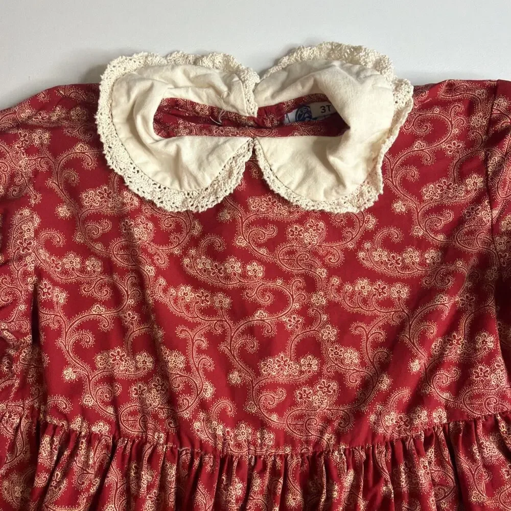 Vintage Traditions Pamela Kline Girls Dress Size 3T Red Floral Cottagecore